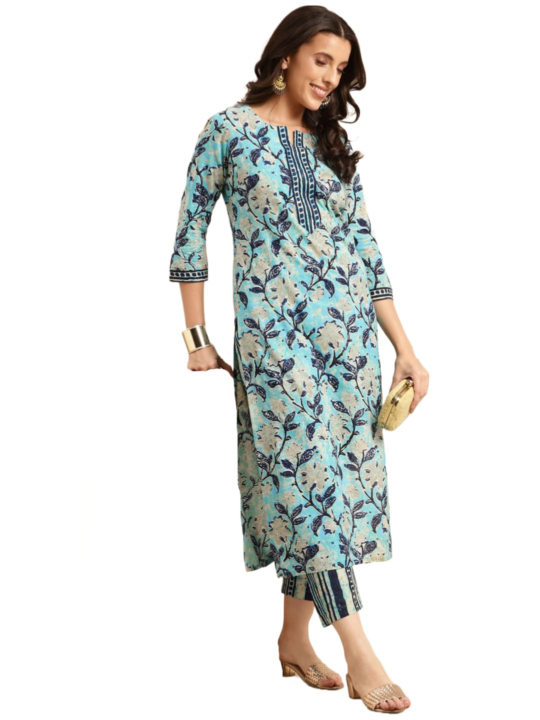 ANNI DESIGNER Womens Cotton Blend Straight Printed Kurta with Pant (Saanvi Navy Blue-NW_M_Navy Blue_Medium)