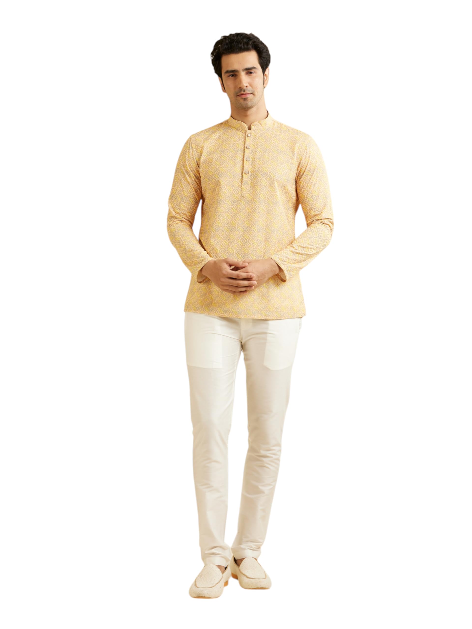 Manyavar MenS Cotton Blend Chikankari Printed Short Kurta (Yellow,Xxl)