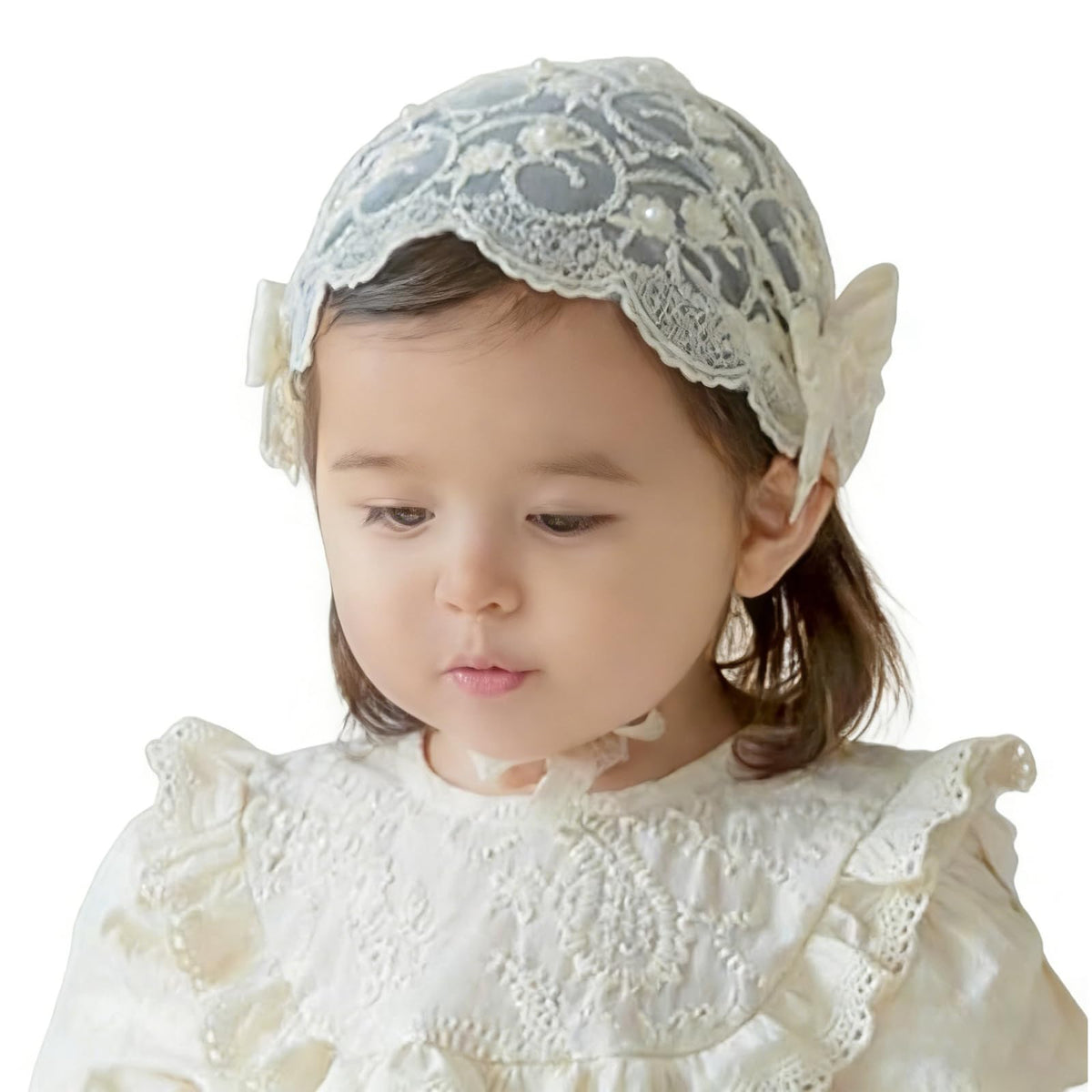 Tarini 1Pcs Baby Girl Lace Bow Headband Beanie  Soft Breathable Wide Turban Hairband, Adjustable Infant Toddler Baptism Christe 0-12