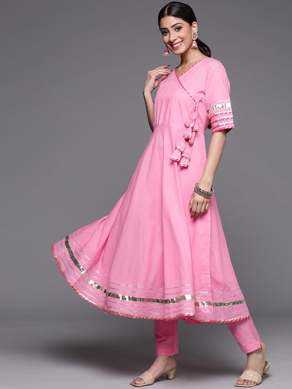 Varanga Women Pink Flared Angrakha Kurta Set With Multi Colour Leheriya Dupatta