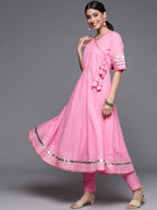 Varanga Women Pink Flared Angrakha Kurta Set With Multi Colour Leheriya Dupatta