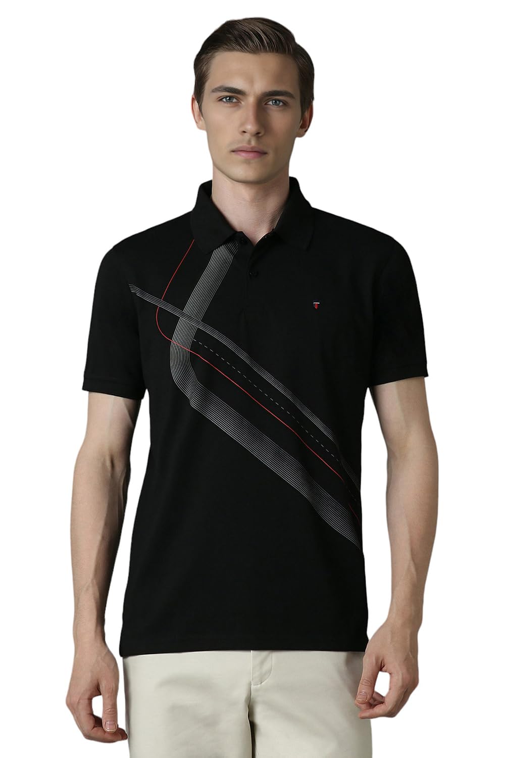 Louis Philippe Men Black Patterned Polo Neck T-Shirt
