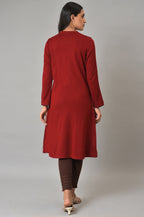 W For Woman Red A-Line Embroidered Winter Kurta