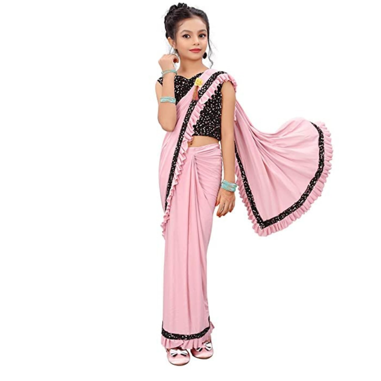 Dhyey Fashion Girls Lycra Blend Ruffle Pattern Saree With Velvet Unstitched Blouse Piece