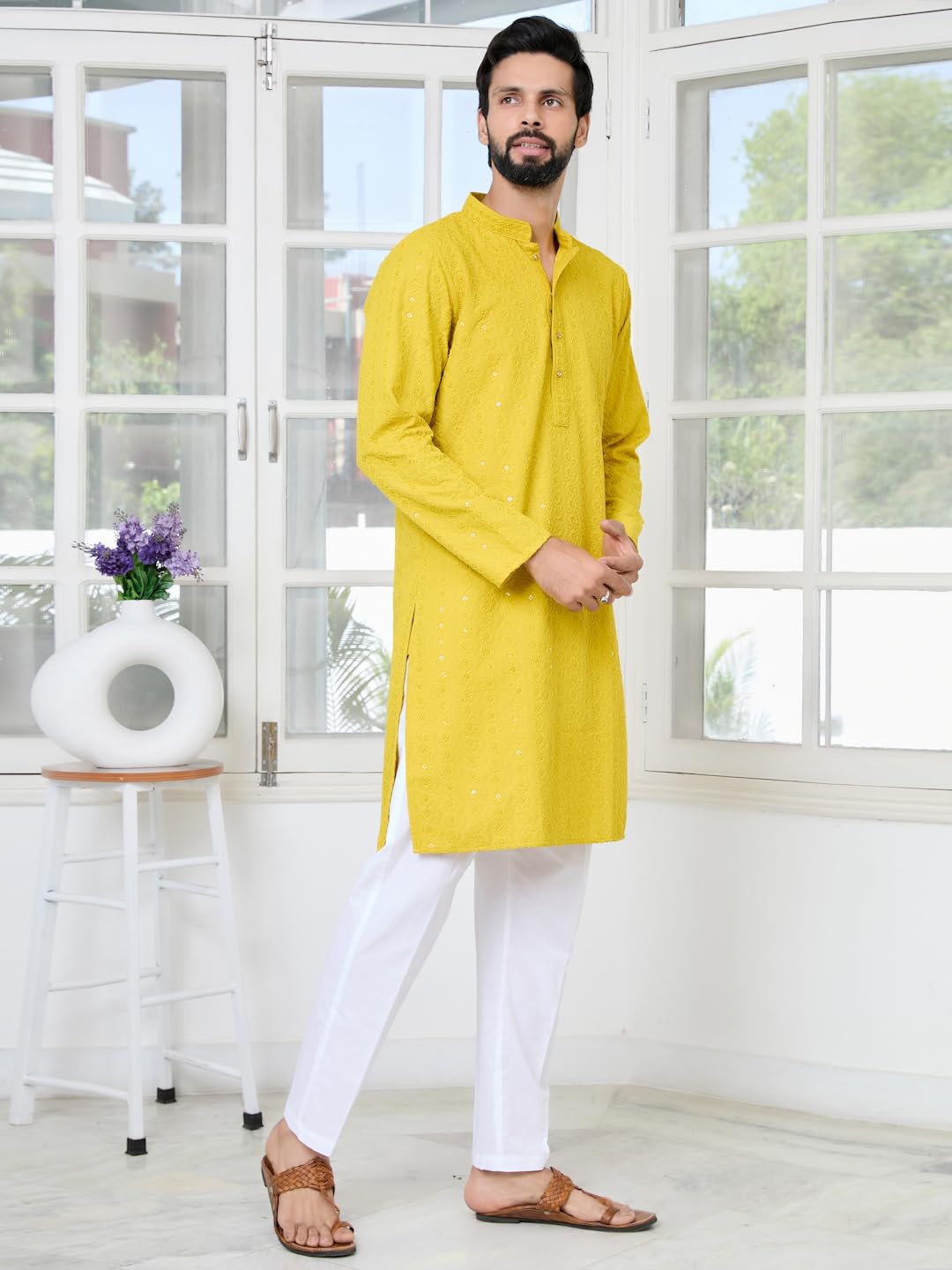 See Designs Mens Full Sleeve Mandarin Collar Yellow Embroidered Rayon Straight Long Kurta - Festive Collection | Dussehra & Diw