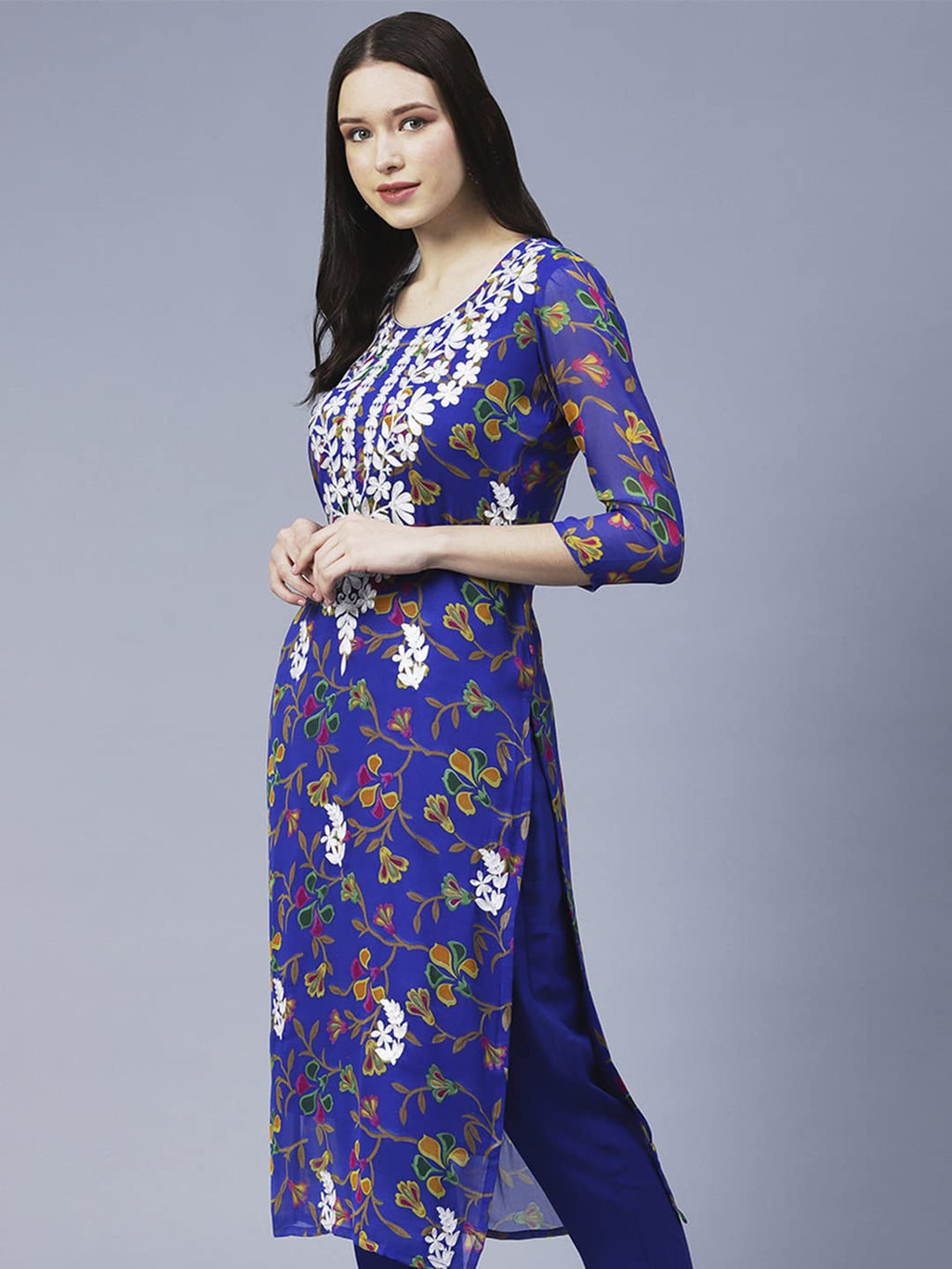 ANNI DESIGNER Womens Printed Georgette Chikankari Embroidered Kurti (Gori-Blue_S_Blue_Small)