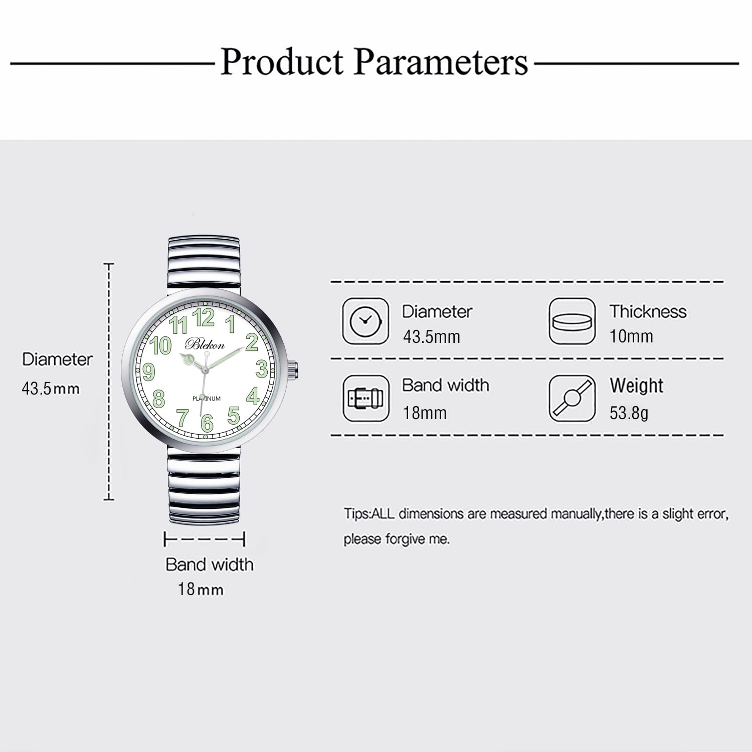 Blekon Collections New Super Large Face Stretch Band Japanese Movement PC21J Fashion Watch (Silver/Luminous)