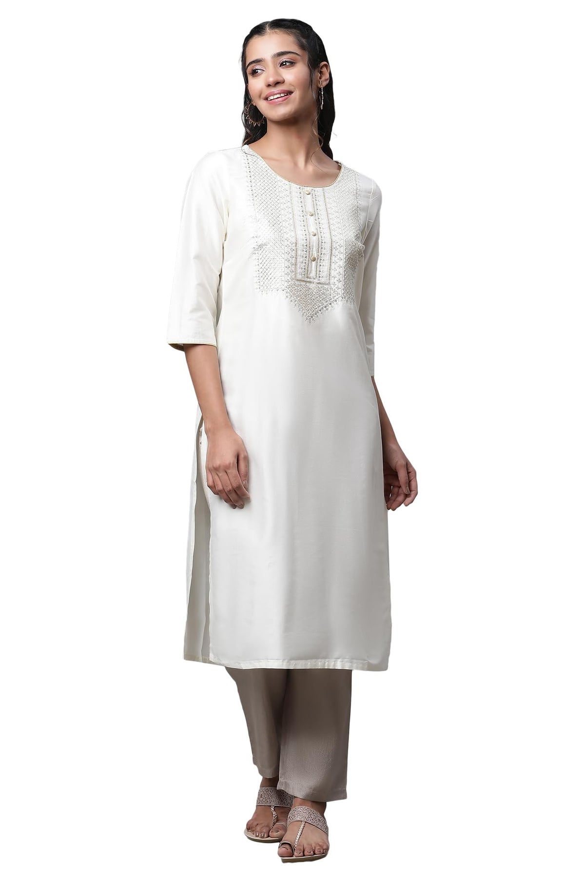 Aurelia Womens Cream Solid Solid Viscose Poly Straight Kurta_23AUA14762-704642_XS