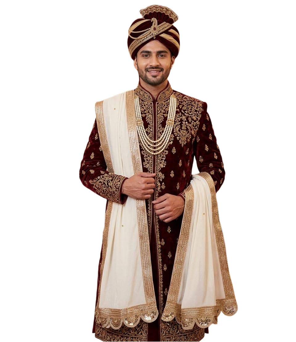 Navti Creations MenS Narrow Stole Dupatta In Velvet With Cutwork Border For Kurta/Sherwani/Achkan/Suit (Length2.25M, Width 37 2.25
