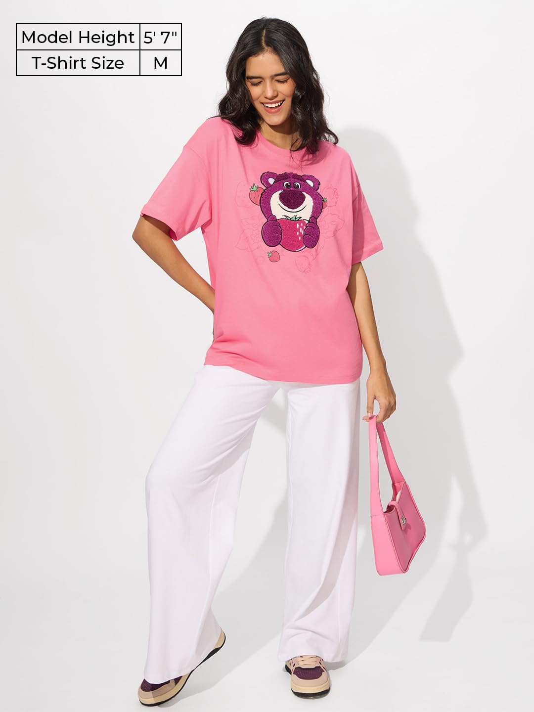 The Souled Store Official Toy Story: Lotso Love Women and Girls Short Sleeves Round Neck Embroidered Cotton Oversized T-Shirts P