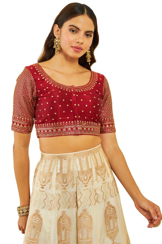 Soch Womens Maroon Tussar Sequin Embellished And Embroidered Front-Open Blouse