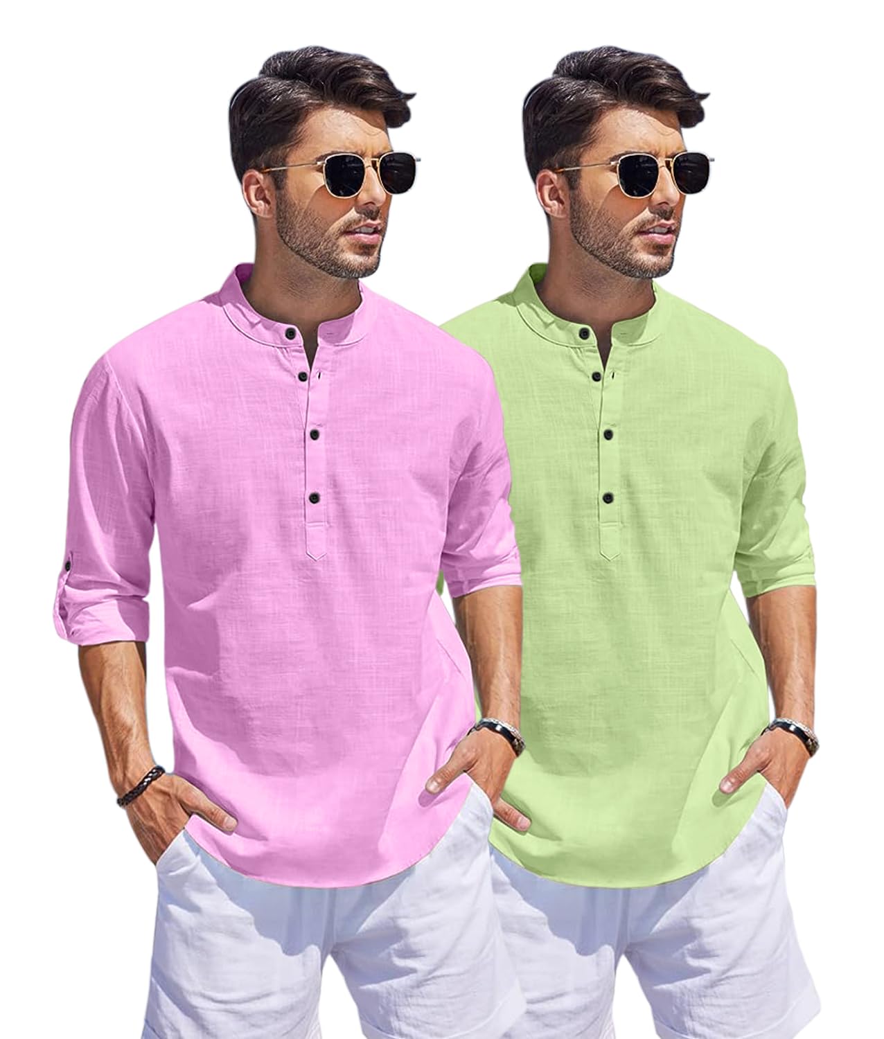 Hemrin Combo Of Men Solid Cotton Blend Straight Kurta Shirt Pack Of 2