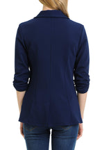 MINEFREE Women's 3/4 Ruched Sleeve Lightweight Work Office Blazer Jacket Navy M
