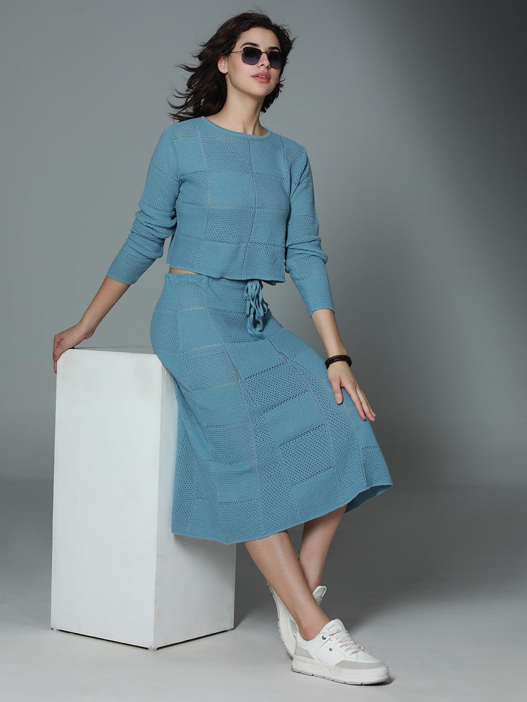 High Star Women'S Blue Pure Cotton Long Sleeves Round Neck Co-Ord Set