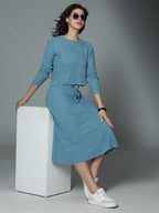 High Star Women'S Blue Pure Cotton Long Sleeves Round Neck Co-Ord Set