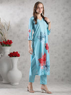 ANNI DESIGNER Women s Printed Rayon Kurta with Pants, Sky blue, M