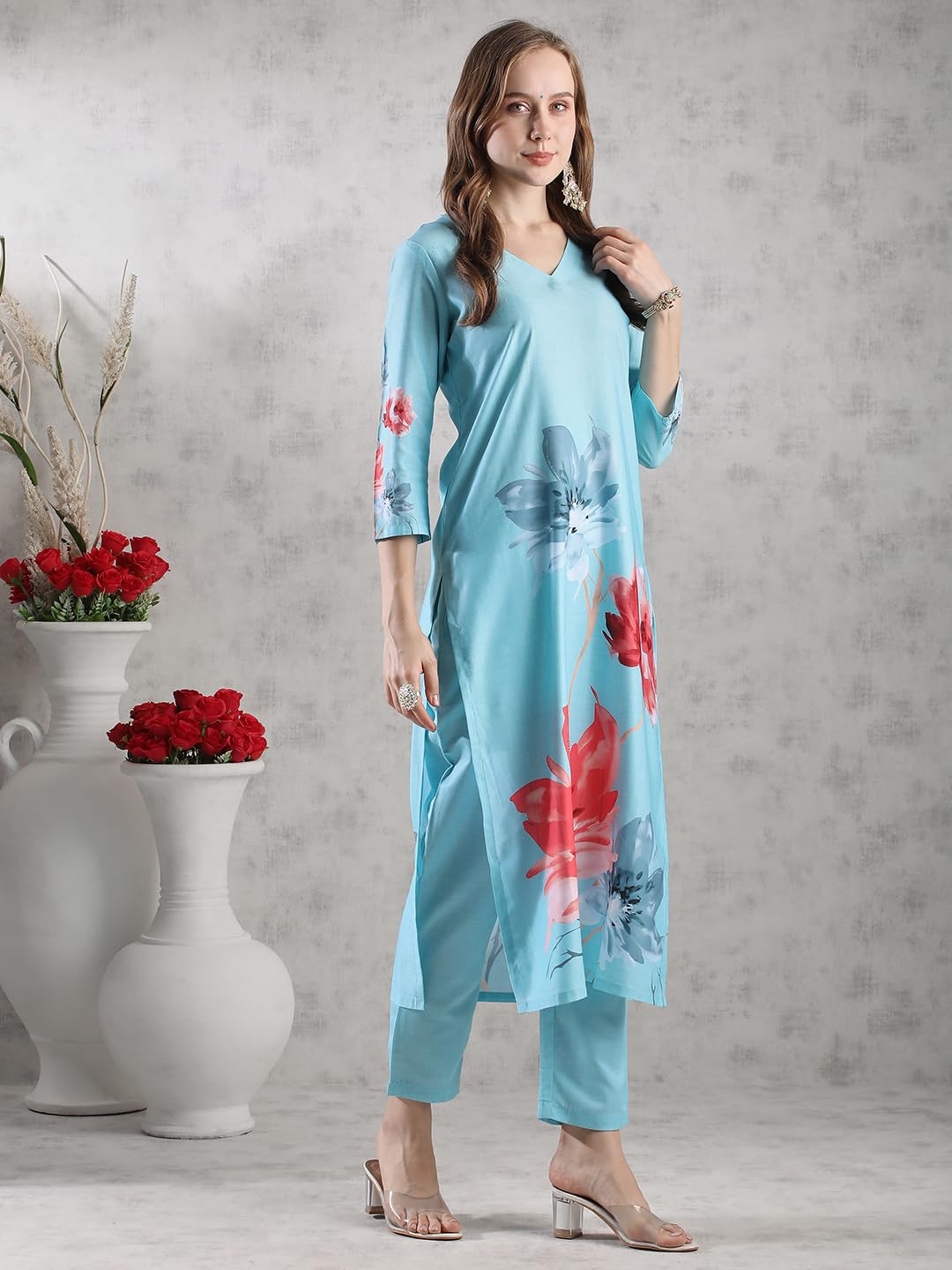 ANNI DESIGNER Women s Printed Rayon Kurta with Pants, Sky blue, M