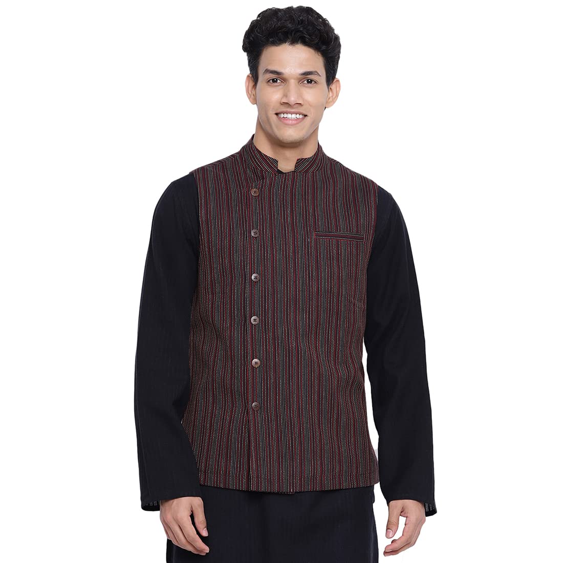 Fabindia Men Cotton Dobby Nehru Jacket Black_M
