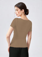 Shasmi Womens & Girls Brown Womens Summer Square Neck Solid Color Ruched Tee Workwear Pleated Casual t-Shirt for Women (Top 1