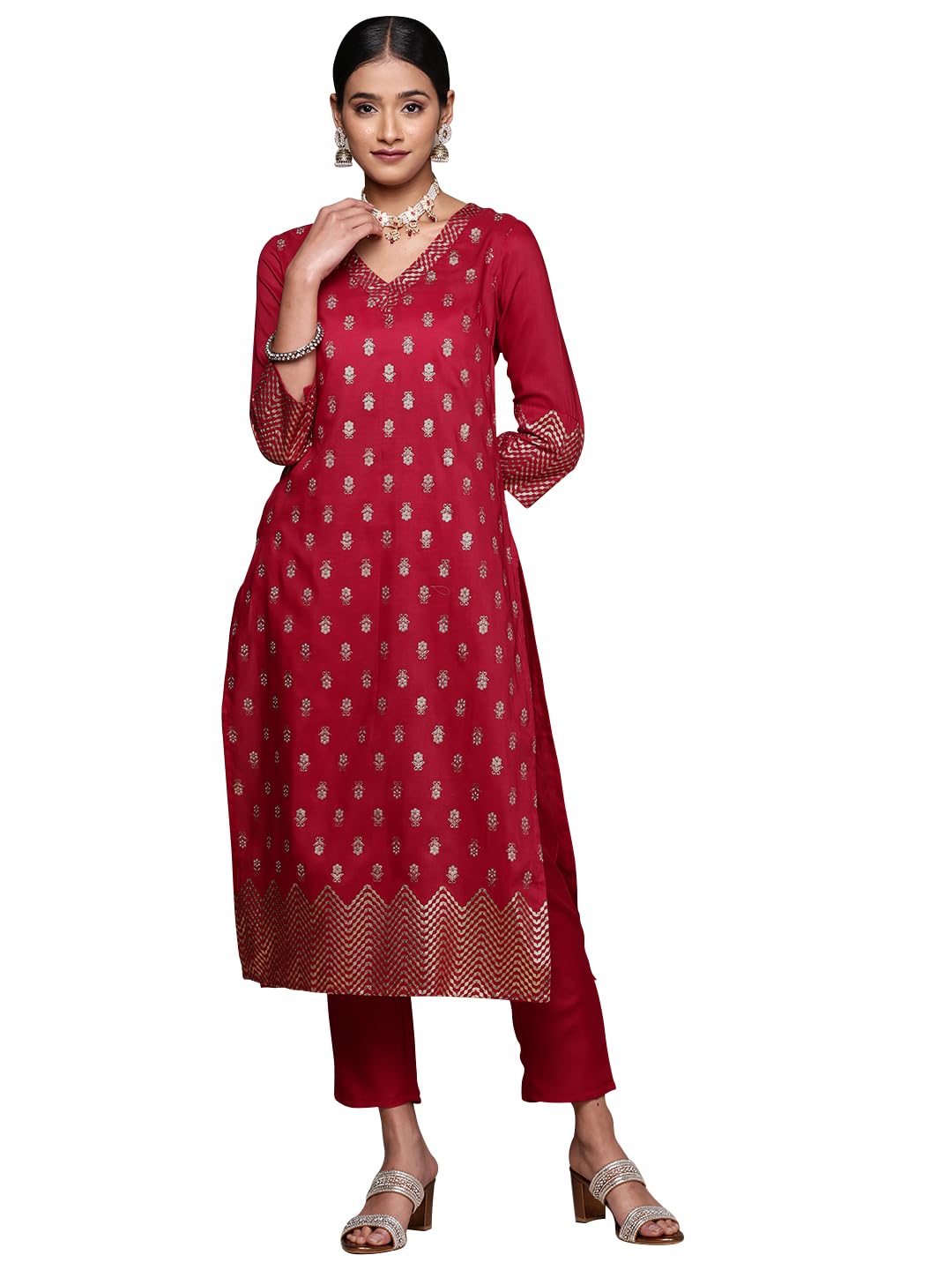 Ziyaa Women'S Maroon Chinon Straight Kurta Pant Set (Zikuch3970Andpa-L)