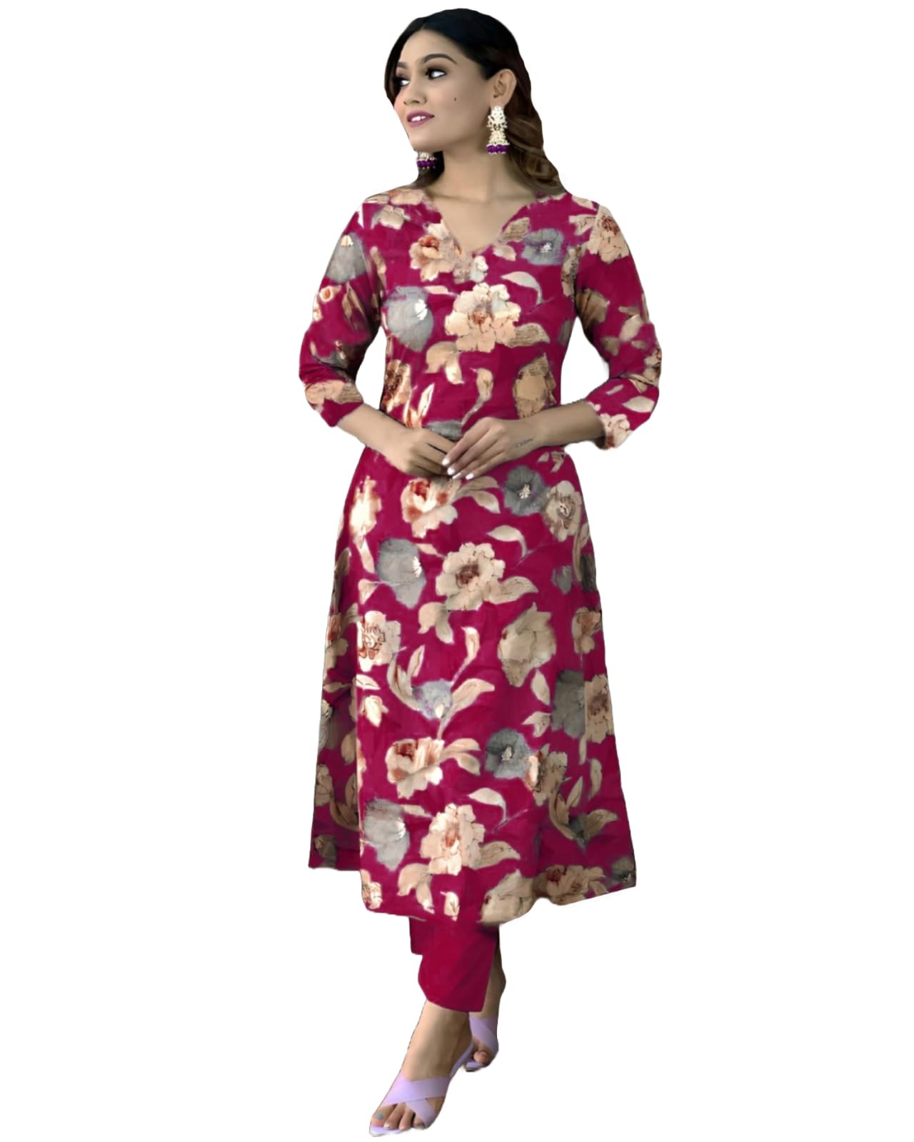 ANNI DESIGNER Womens Cotton Blend Straight Printed Kurta with Pant (DHUN Pink_L_Pink_Large)