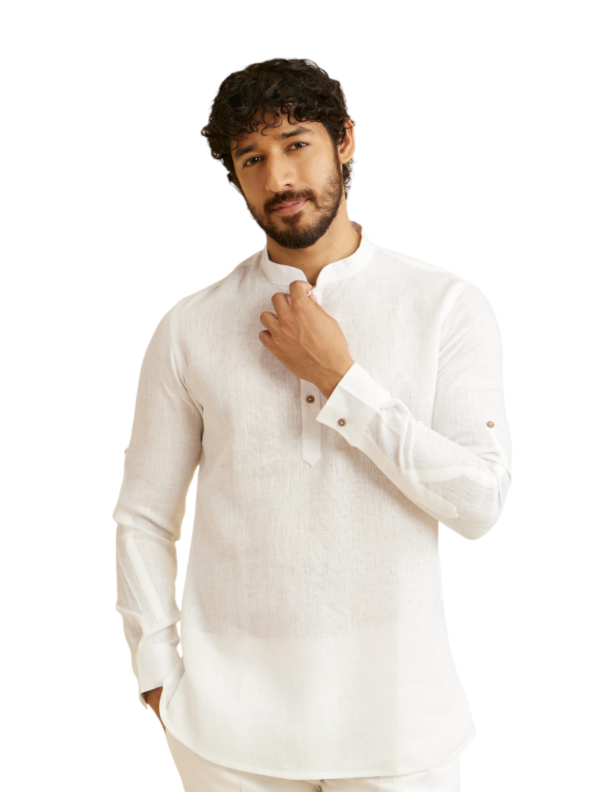 Manyavar MenS Linen Solid Short Kurta (White,Xl)