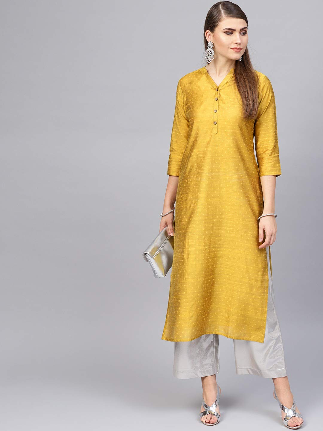 Varanga Women Mustard Yellow Striped Gotta Patti Dobby Kurta