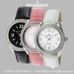 Peugeot Women's Boyfriend Large Face Case Dress Wrist Watch with Swarovski Crystal Bezel & Thick Leather Strap Band