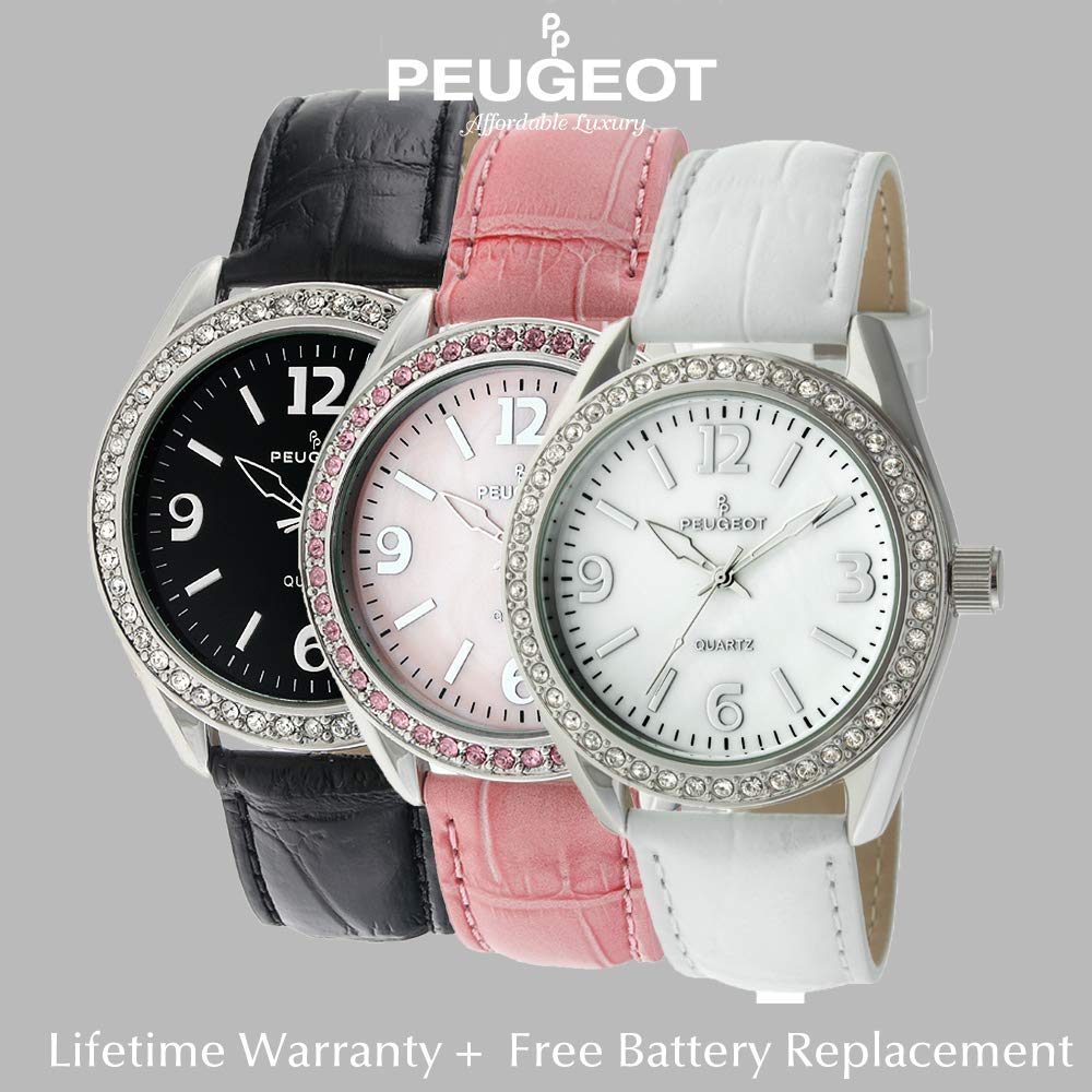 Peugeot Women's Boyfriend Large Face Case Dress Wrist Watch with Swarovski Crystal Bezel & Thick Leather Strap Band