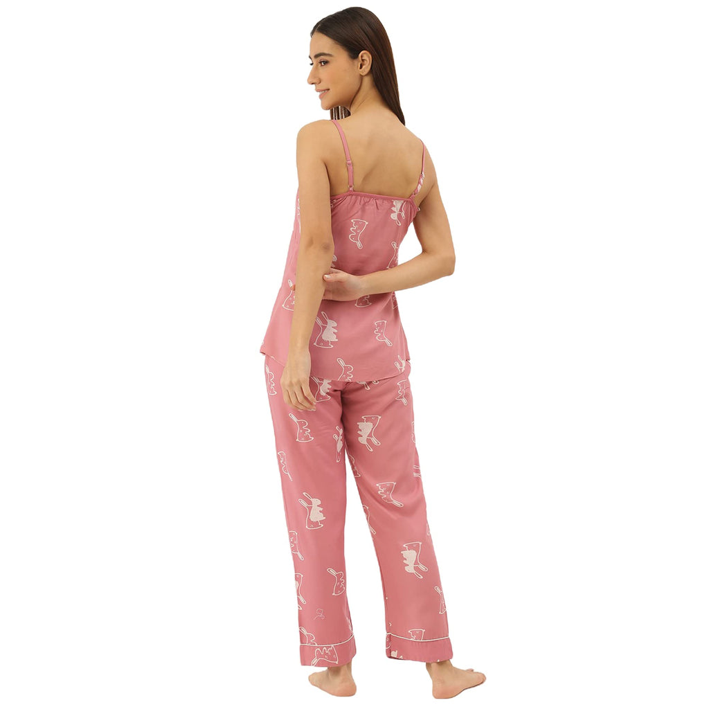 Sweet Dreams Women Printed Rayon 3 Piece Pyjama Set Pink