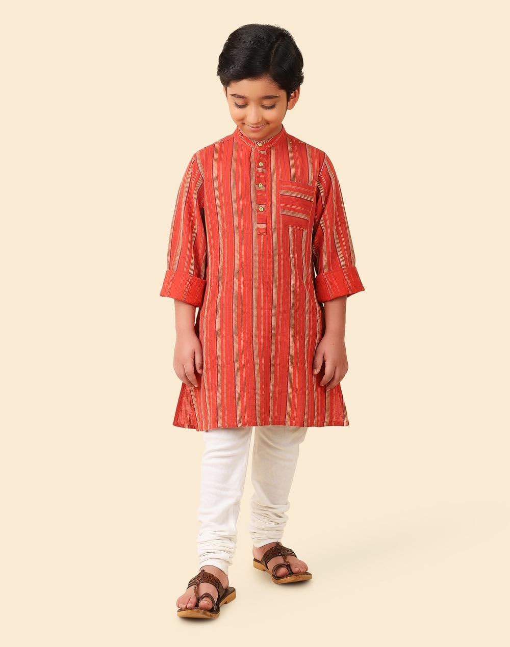Fabindia Boys Cotton Striped Regular Fit Long Kurta (1032801RED_Red