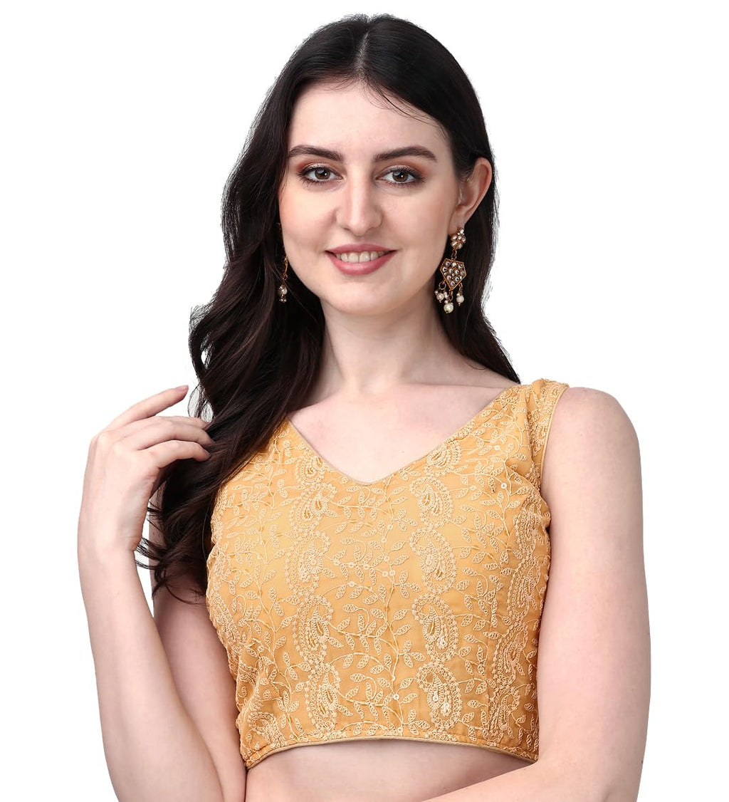 Pujia Mills Womens Georgette Sipali Sequin Work Sleeveless Blouse (Gold, 38)