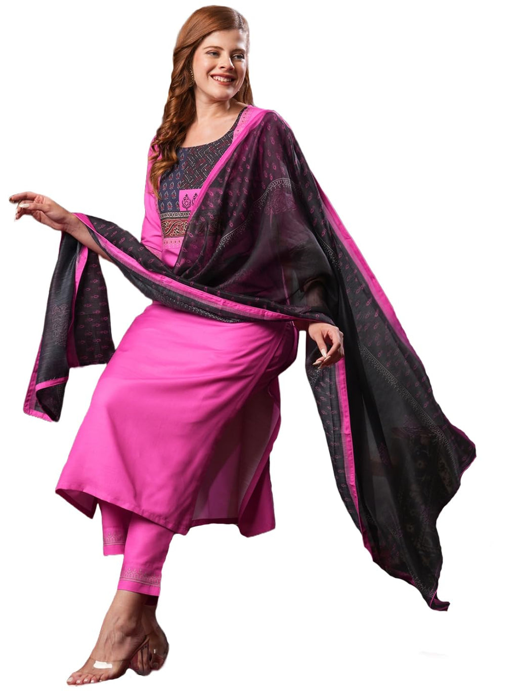 ANNI DESIGNER Womens Rayon Blend Straight Printed Kurta with Pant & Dupatta (Radhani Pink-VKS02_XL_Pink_X-Large)