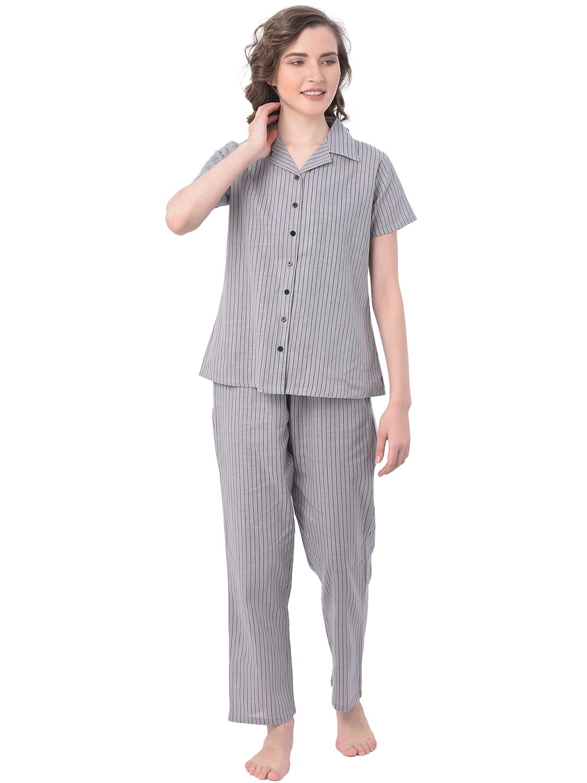 Clovia Womens Cotton Striped Ankle Length Casual Regular Shirt and Pyjama (LS0385P01XXL_Grey_2XL)