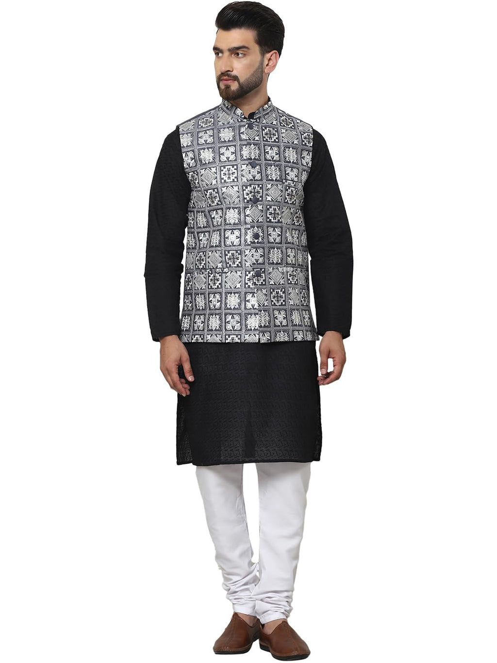 SOJANYA (Since 1958 Mens Cotton Chikankari Black Kurta and Pyjama with Embroidered Grey Nehru Jacket