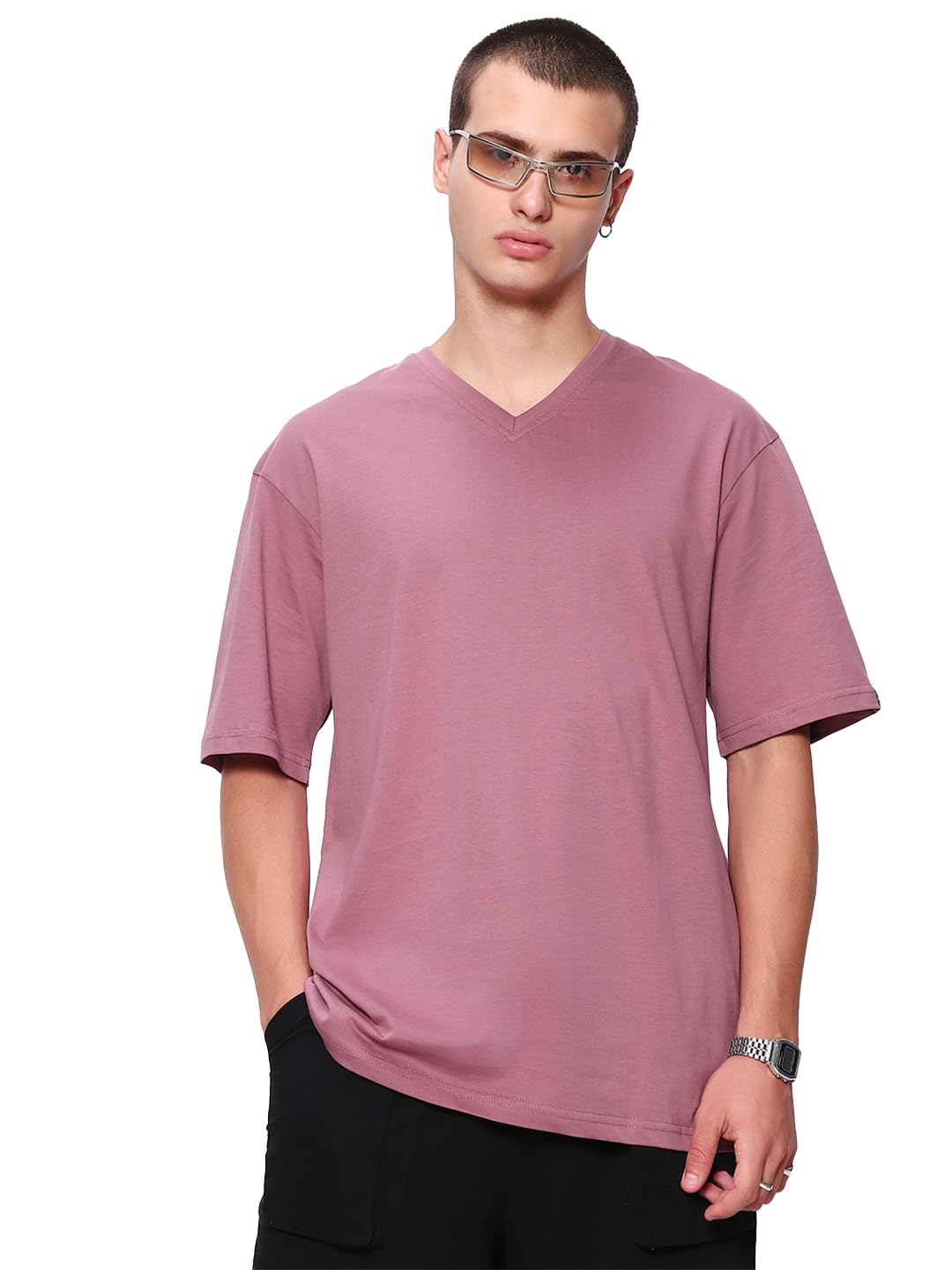 Bewakoof Mens Solid 100% Cotton T-Shirt Oversized Fit, V-Neck, Half Sleeve_580067_Purple_XL