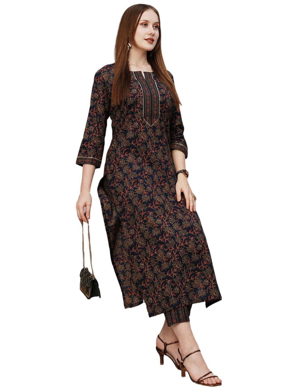 ANNI DESIGNER Womens Cotton Blend Printed Straight Kurta with Pant (End Blue_S_Blue_Small)
