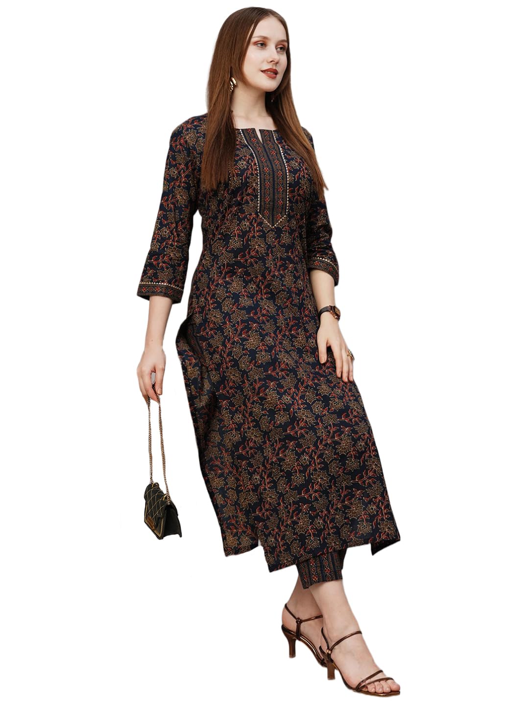 ANNI DESIGNER Womens Cotton Blend Printed Straight Kurta with Pant (End Blue_S_Blue_Small)