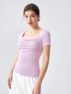 Shasmi Womens & Girls Light Purple Womens Summer Square Neck Solid Color Ruched Tee Workwear Pleated Casual t-Shirt for Women