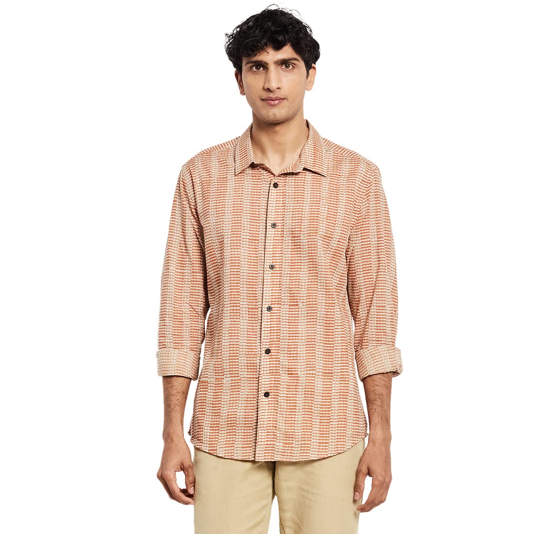 Fabindia Men Block Print Slim Fit Shirt Cotton_S Red