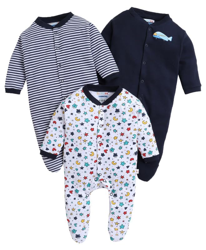 BUMZEE Navy & White Baby Girls Full Sleeves Sleepsuit Pack of 3 Age - 6-9 Months (Peb8820D-nbl.wht)