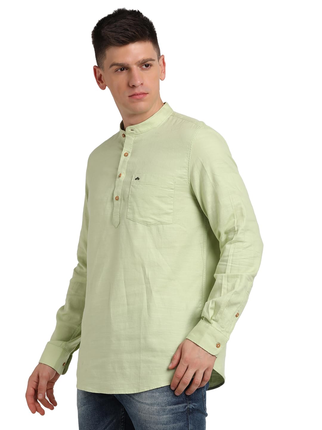 Turtle Men 100% Cotton Solid Pista Green Casual Kurta Shirt