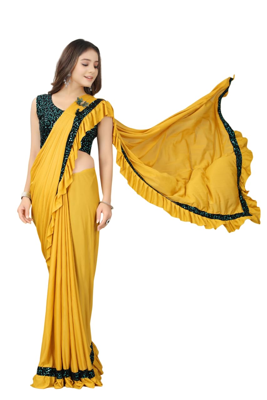 Dhyey Fashion Fashionable Baby Girls Lycra Blend Saree With Velvet Unstitched Blouse Piece | Readymade Saree For Girls | Sarees