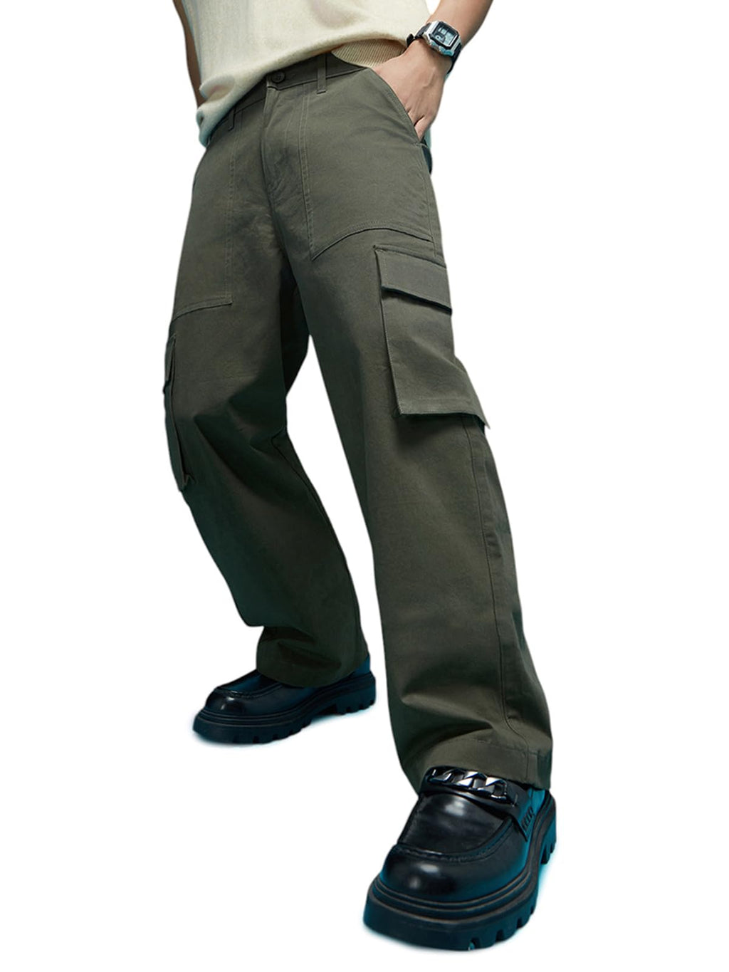 Veirdo Men's Lycra Baggy Relaxed Fit with Solid Button Closure Casual Woven Regular Length Cargo Pants