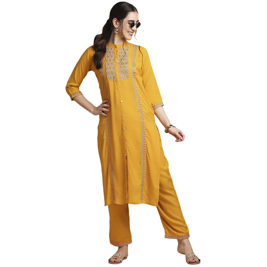 Anubhutee Women'S Rayon Mustard Yellow Thread Work Ethnic Motifs Embroidered Straight Kurta Suit Set With Pants