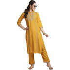 Anubhutee Women'S Rayon Mustard Yellow Thread Work Ethnic Motifs Embroidered Straight Kurta Suit Set With Pants