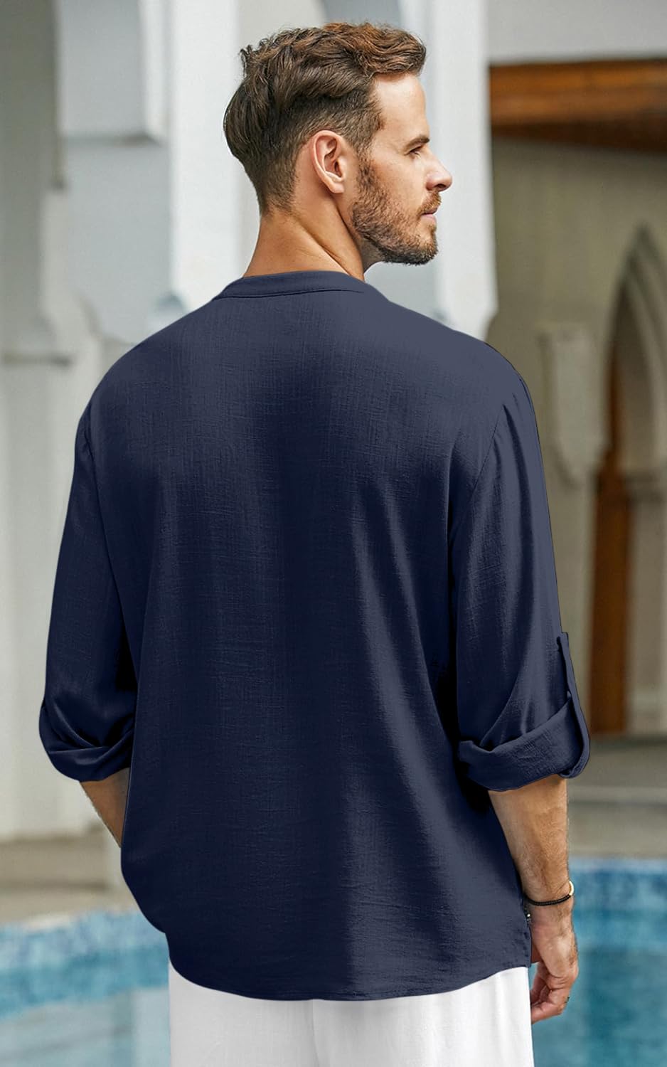 Zombom MenS Cotton Blend Solid Casual Regular Fit Mandarin/Chinese Collor Short Kurta Shirt Navy Blue