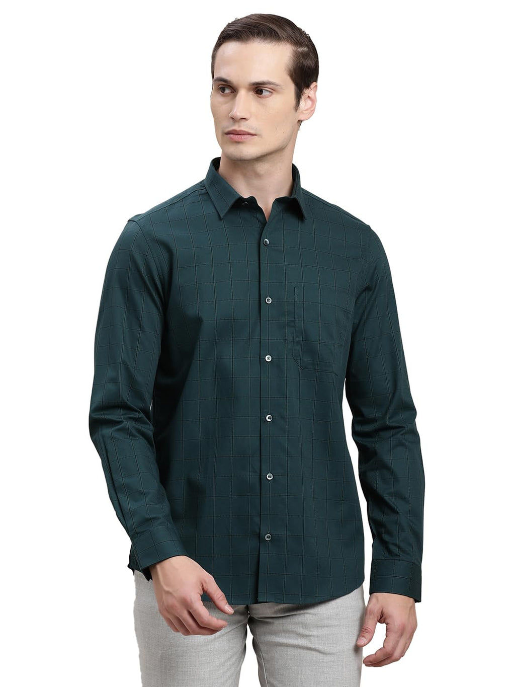 Turtle Men Dark Blue Checkered Full Sleeve Slim Fit 100% Cotton Formal Shirt