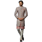 Kisah MenS Grey And Pink Indo-Western Kurta Sherwani Churidar Set Cotton Full Sleaves, Knee Length, Straight, Regular Fit, Mand