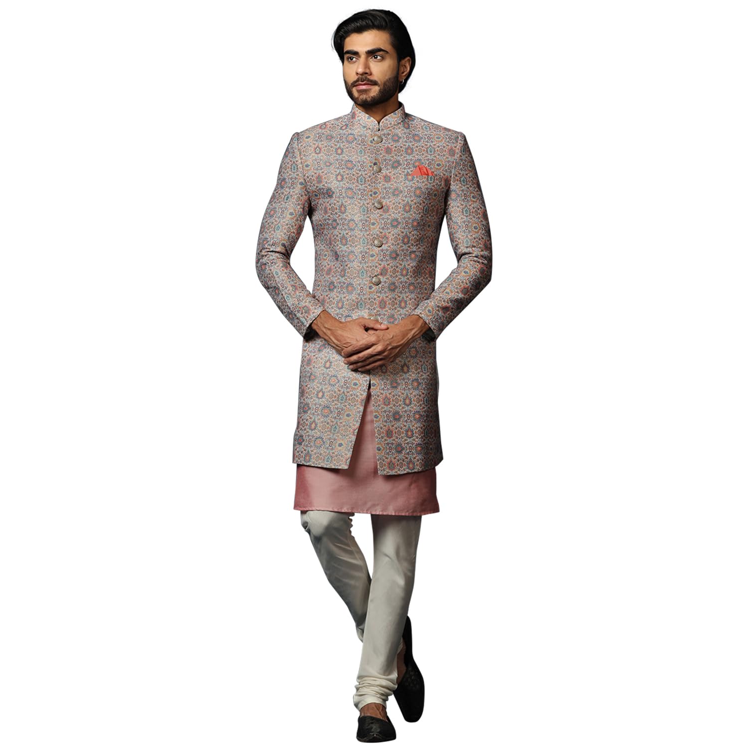 Kisah MenS Grey And Pink Indo-Western Kurta Sherwani Churidar Set Cotton Full Sleaves, Knee Length, Straight, Regular Fit, Mand